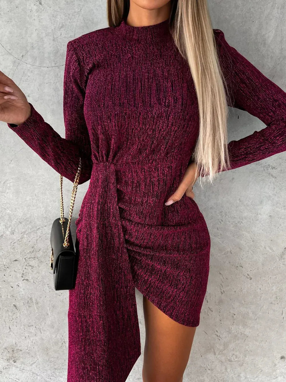 Fashorio Cerise / S Heathered Mock Neck Long Sleeve Mini Dress