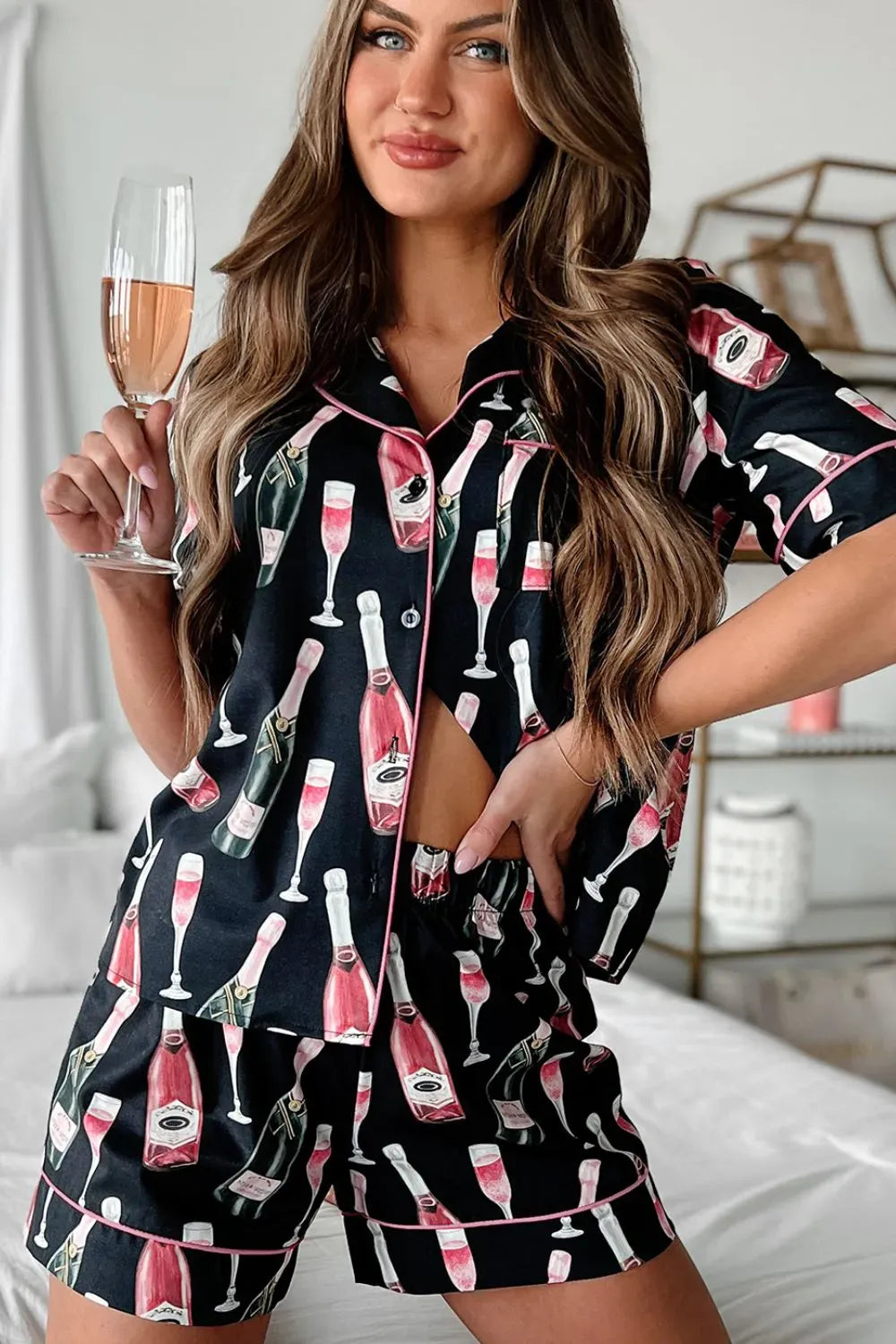 Fashorio Champagne Print Short Sleeve Top and Shorts Set