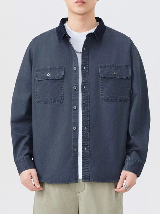 Men's Plus Size Button Up Shacket with Dual Chest Pockets Charcoal Ash - Fashorio
