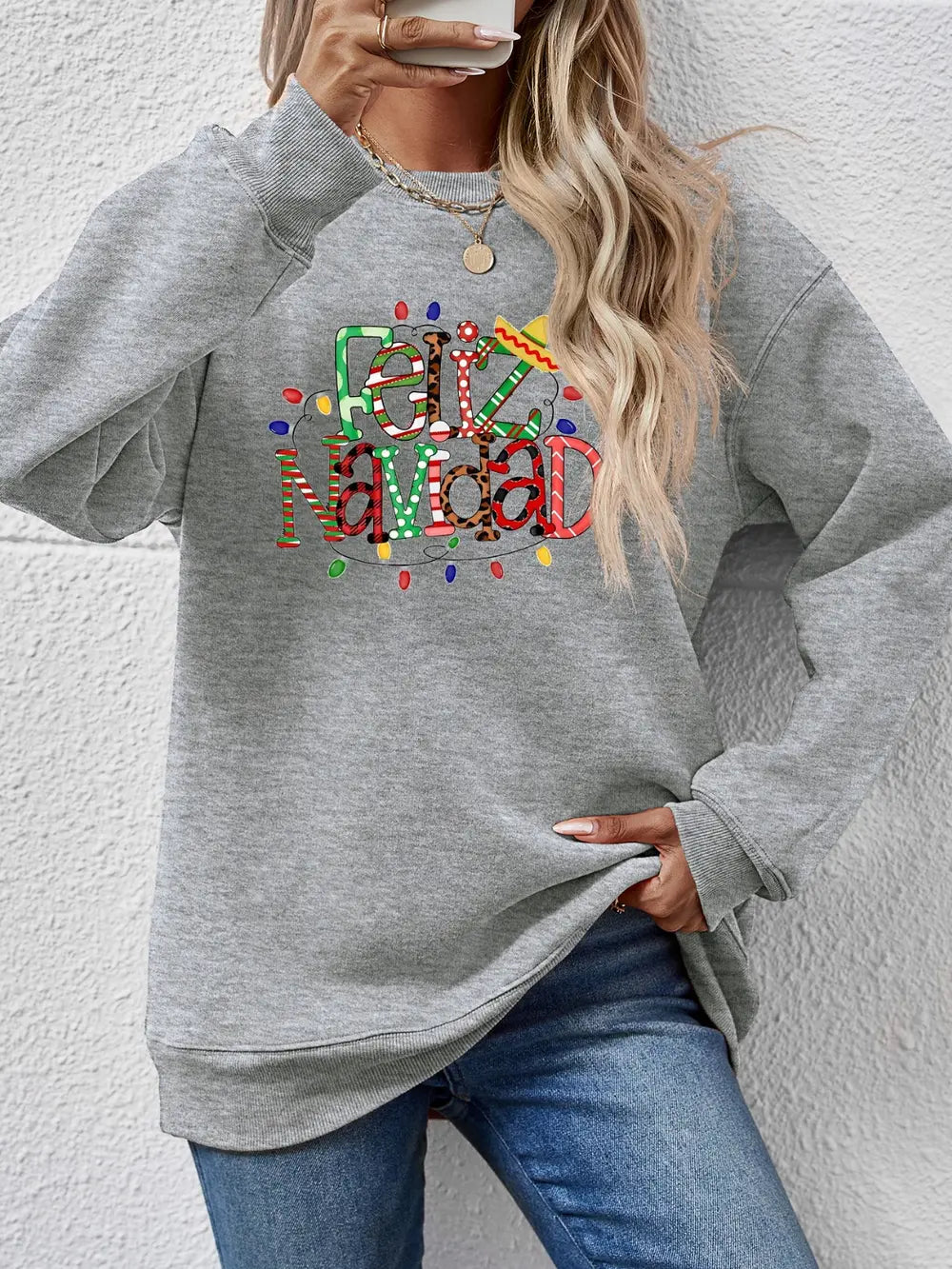 Fashorio Charcoal / S FELIZ NAVIDAD Round Neck Drop Shoulder Sweatshirt