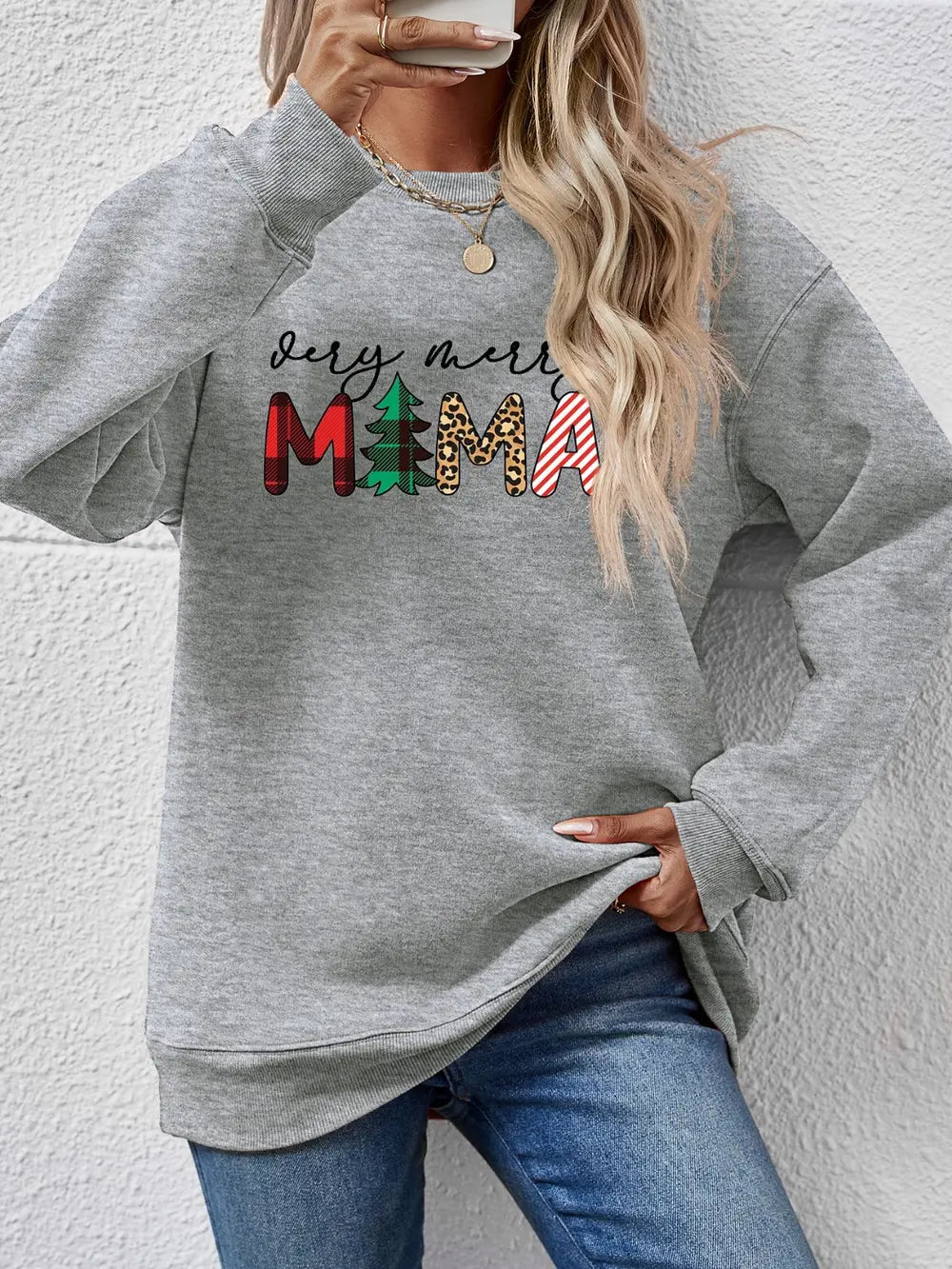 Fashorio Charcoal / S Letter Graphic Round Neck Long Sleeve Sweatshirt