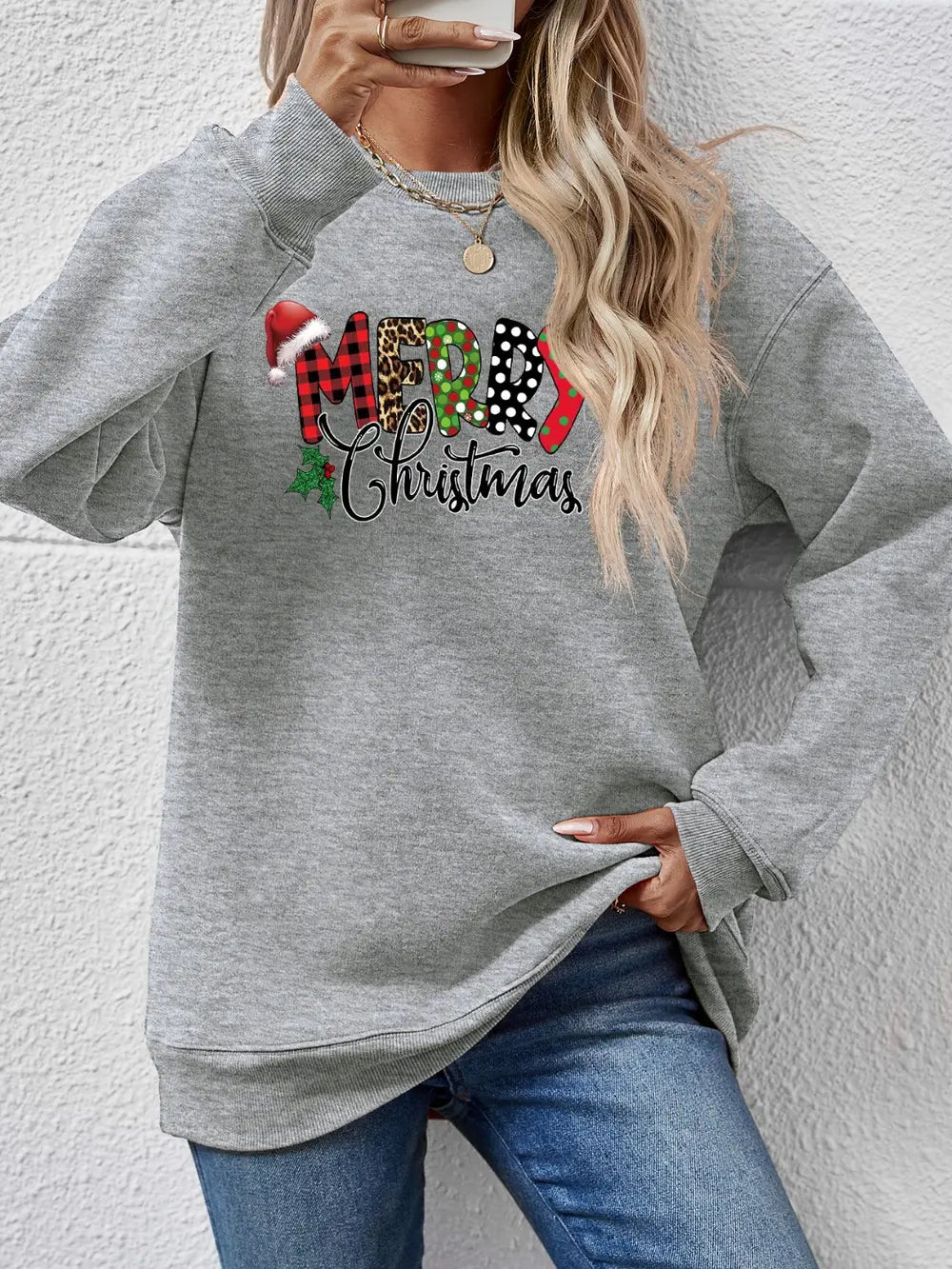 Fashorio Charcoal / S MERRY CHRISTMAS Round Neck Dropped Shoulder Sweatshirt