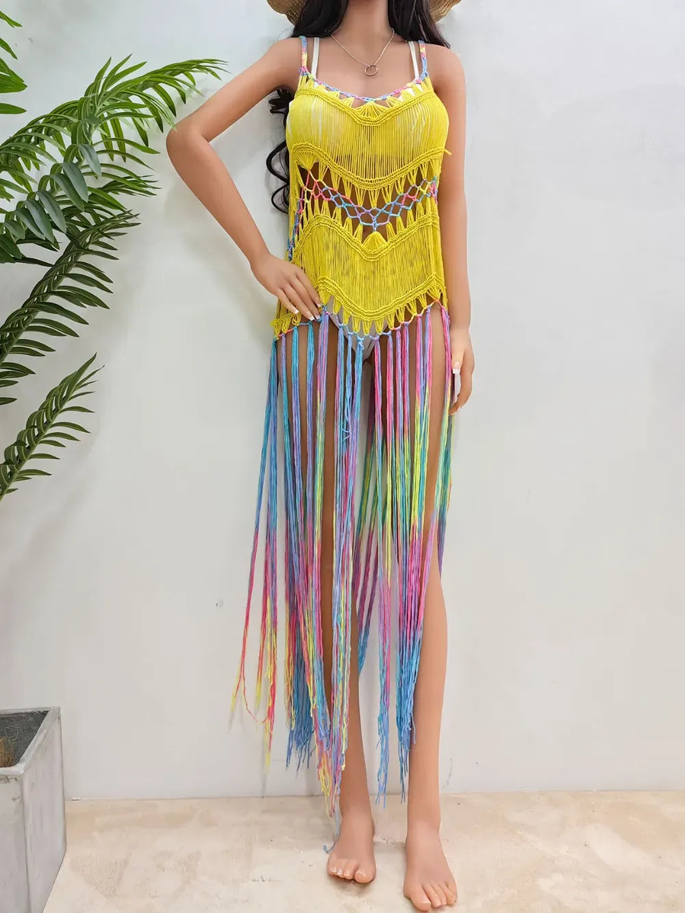 Fashorio Chartreuse / One Size Fringe Scoop Neck Spaghetti Strap Cover-Up