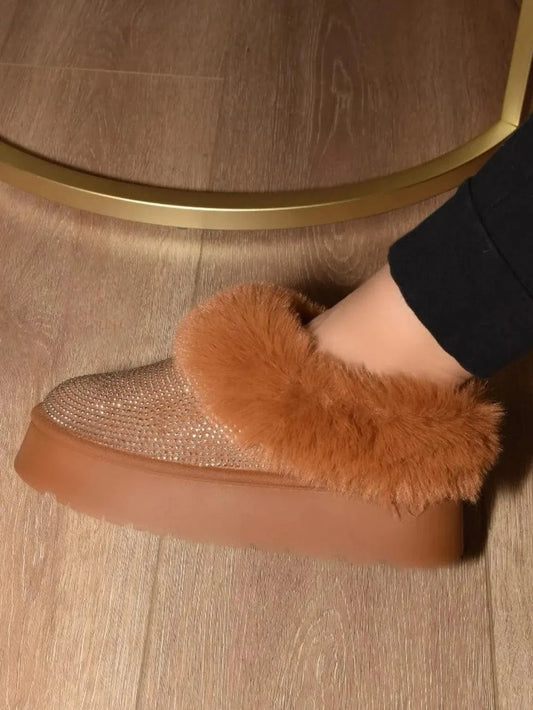 WILD DIVA Embellished Faux Fur Platform Booties Chestnut - Fashorio