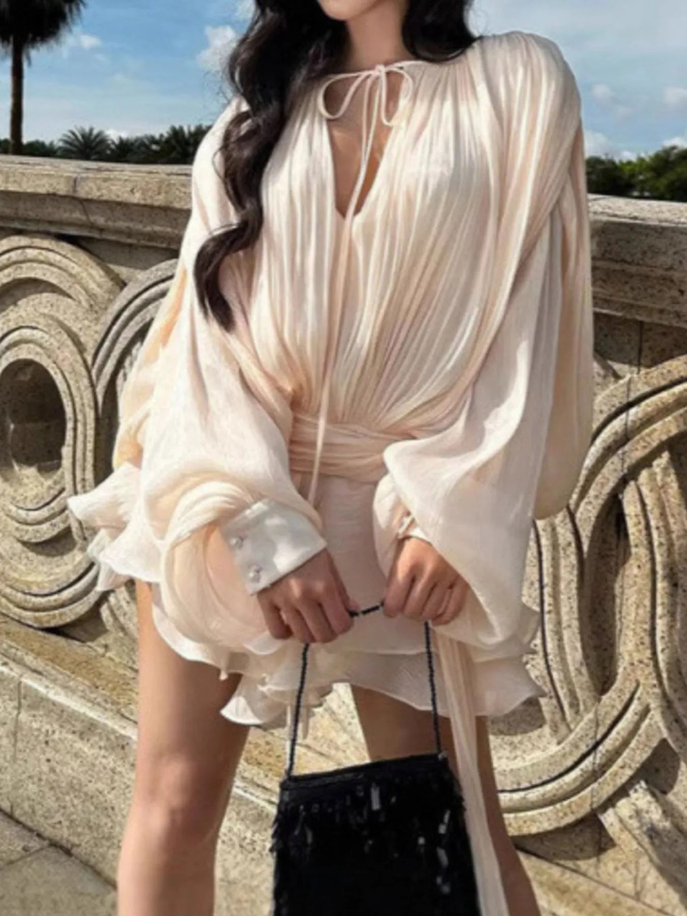 Fashorio Chiffon Tie Neck Long Sleeve Mini Dress