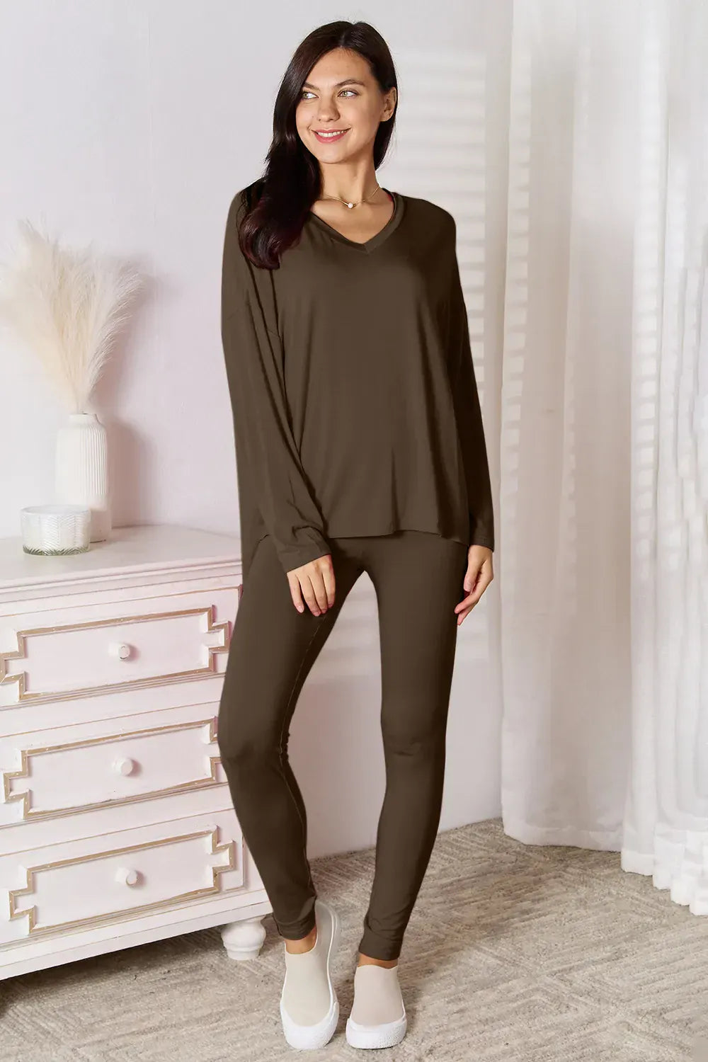 Fashorio Chocolate / S Basic Bae Bamboo Full Size V-Neck Long Sleeve Top and Pants Lounge Set