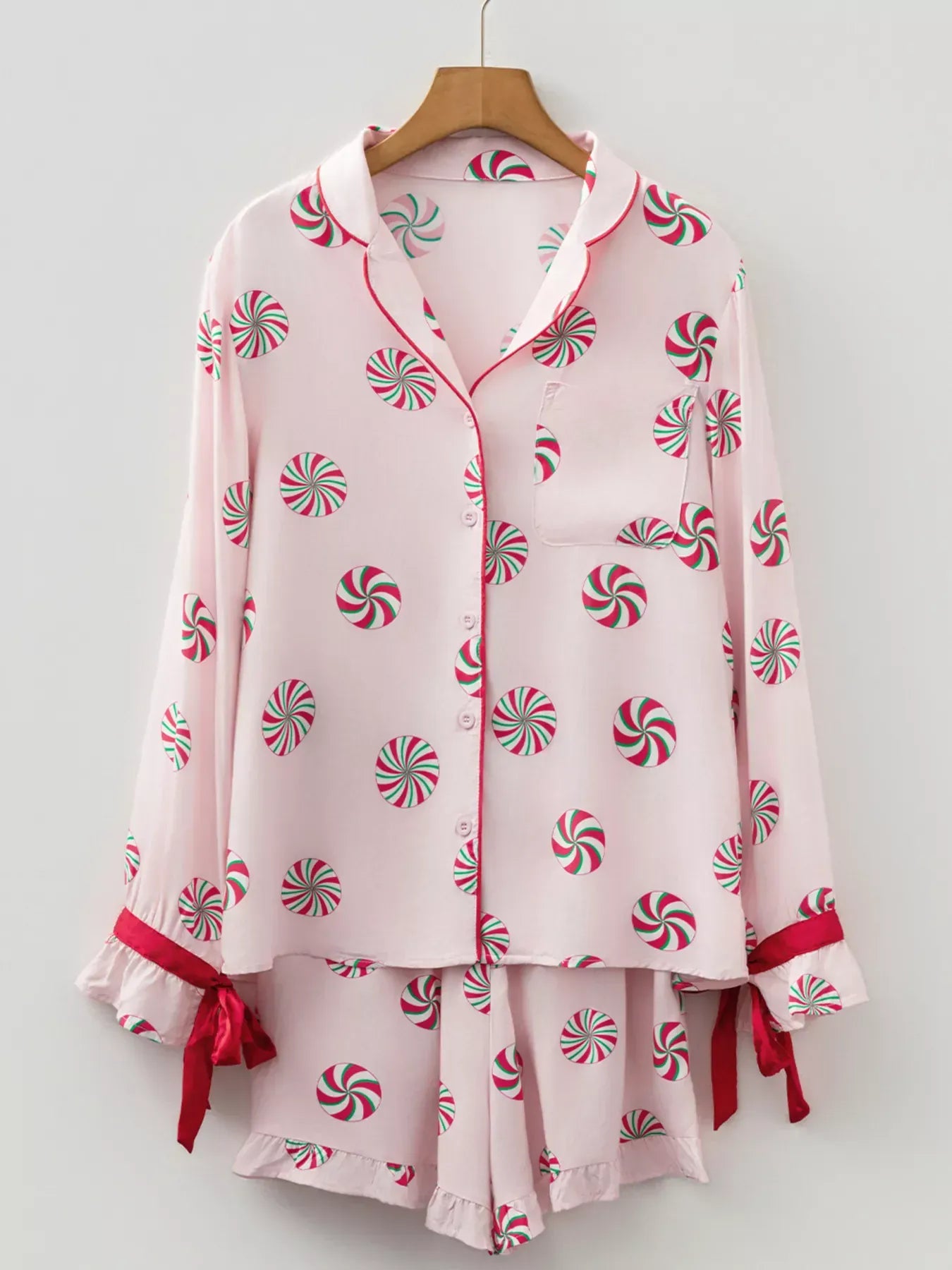 Fashorio Christmas Candy Contrast Trim Bow Knot Top and Shorts 2pcs Pajama Set