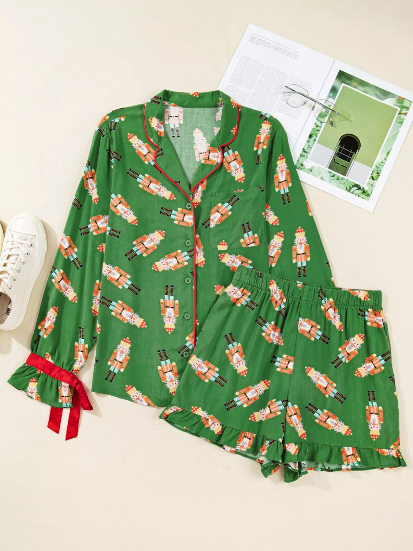 Fashorio Christmas Nutcracker Button Up Top and Shorts Lounge Set