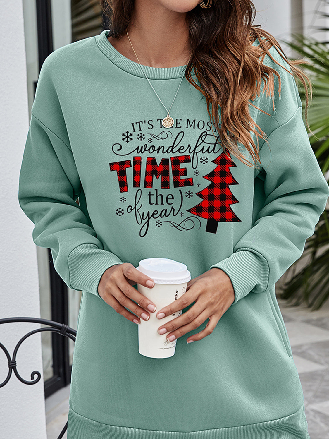 Fashorio Christmas Tree Graphic Drop Shoulder Sweatshirt