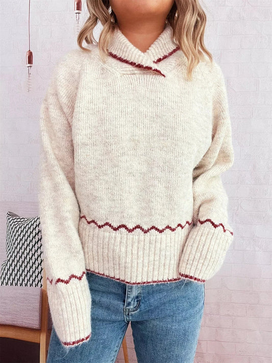 Ribbed Contrast Trim Long Sleeve Sweater Apricot One Size - Fashorio