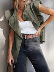 Ruffled Patchwork Denim Vest – Button Up Jean Jacket Style Army green - Fashorio