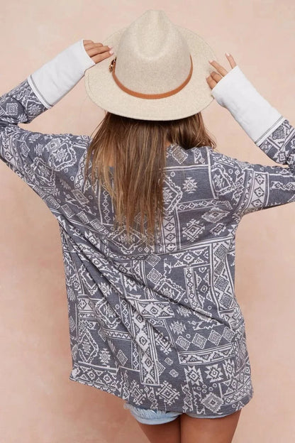 BiBi Aztec Print French Terry Top with Thumb Opening - Fashorio
