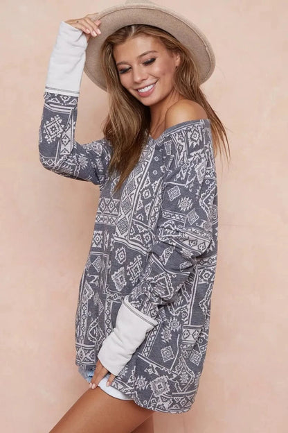 BiBi Aztec Print French Terry Top with Thumb Opening - Fashorio