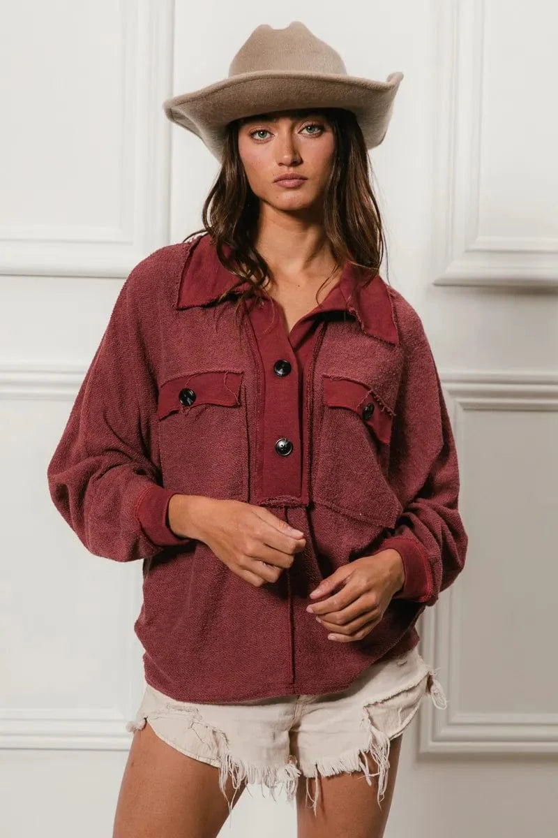 BiBi Cp French Terry Cut Edge Detail Collared Top - Fashorio