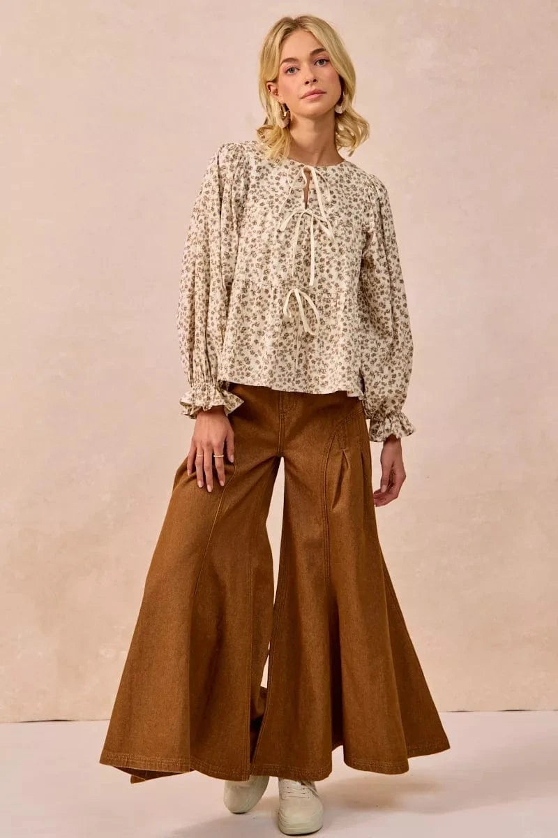 BiBi Floral Printed Peplum Blouse with Shirring and Tied - Fashorio