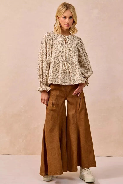 BiBi Floral Printed Peplum Blouse with Shirring and Tied - Fashorio