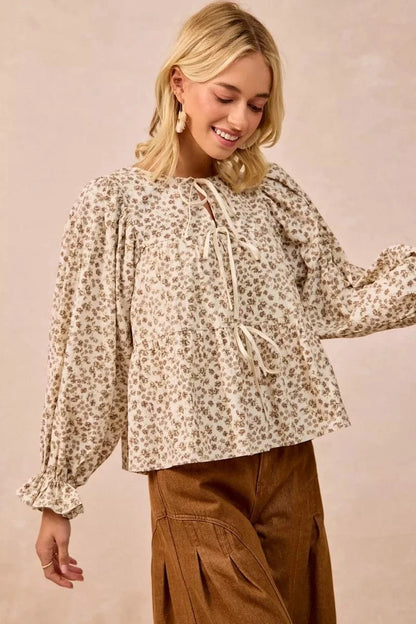 BiBi Floral Printed Peplum Blouse with Shirring and Tied - Fashorio
