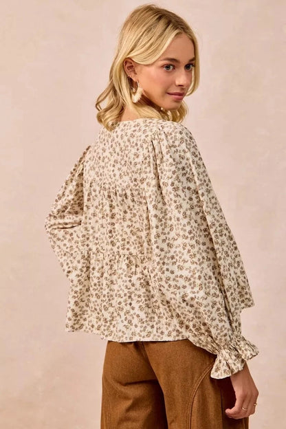 BiBi Floral Printed Peplum Blouse with Shirring and Tied - Fashorio