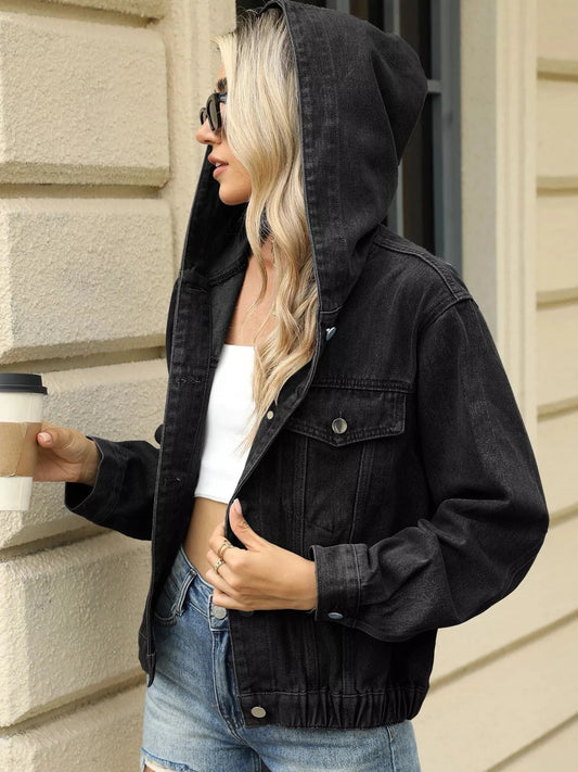 Washed Hooded Denim Jacket with Pockets – Casual Streetwear Black Gray - Fashorio
