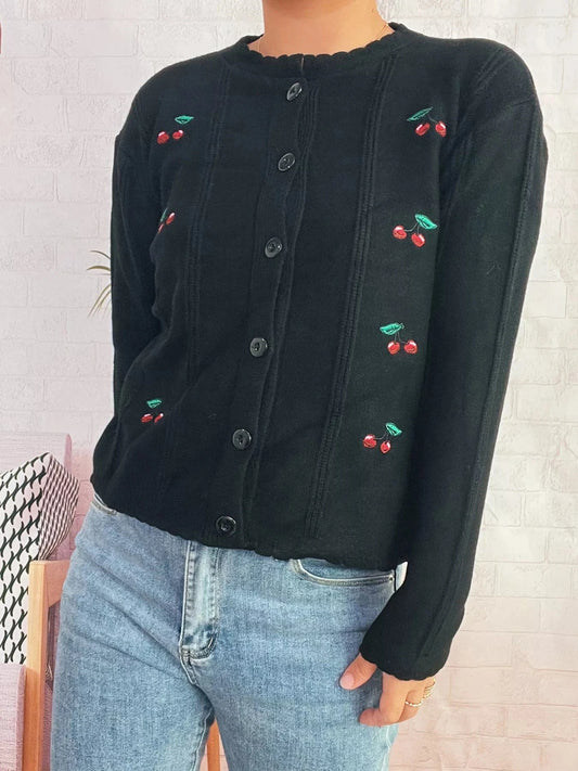 Cherry Embroidered Button Up Cardigan Black One Size - Fashorio