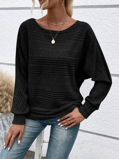 Full Size Round Neck Long Sleeve Top Black - Fashorio