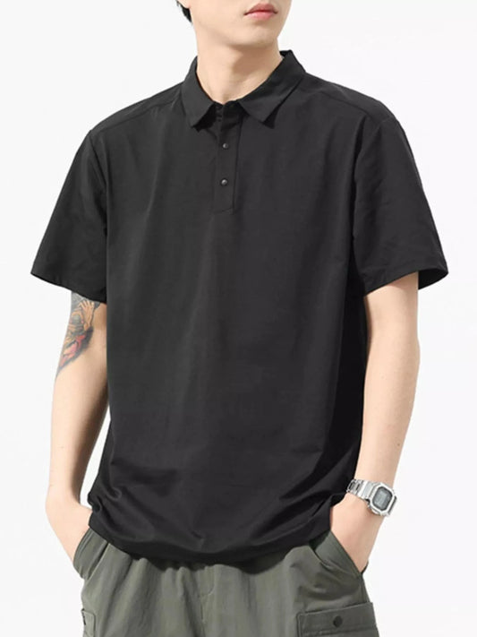 Men's Full Size Button Detail Short Sleeve Polo Plus Size Black - Fashorio