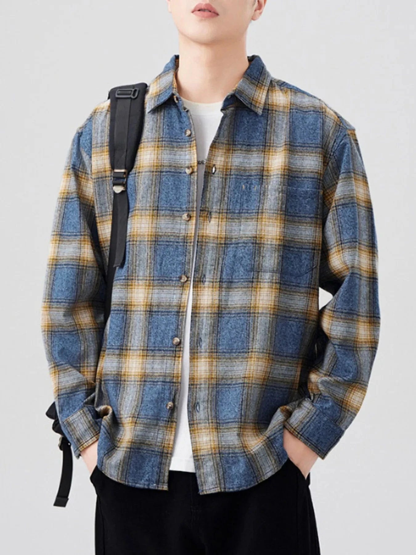 Men's Plus Size Plaid Button Up Long Sleeve Shirt Blue - Fashorio