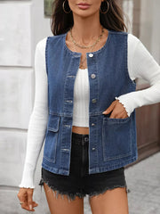 Button Up Denim Vest Blue - Fashorio