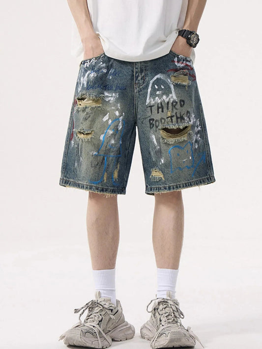Men's Distressed Graffiti Denim Shorts Blue - Fashorio