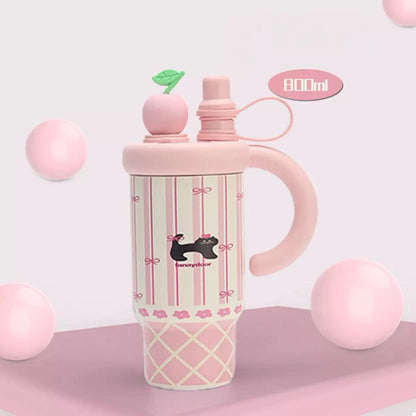 Colorful Cartoon Water Bottles with Straw and Handle Blush Pink One Size - Fashorio