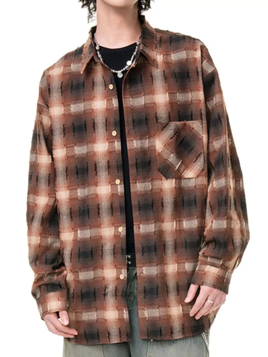 Men's Plus Size Plaid Button Up Long Sleeve Shirt Brown - Fashorio