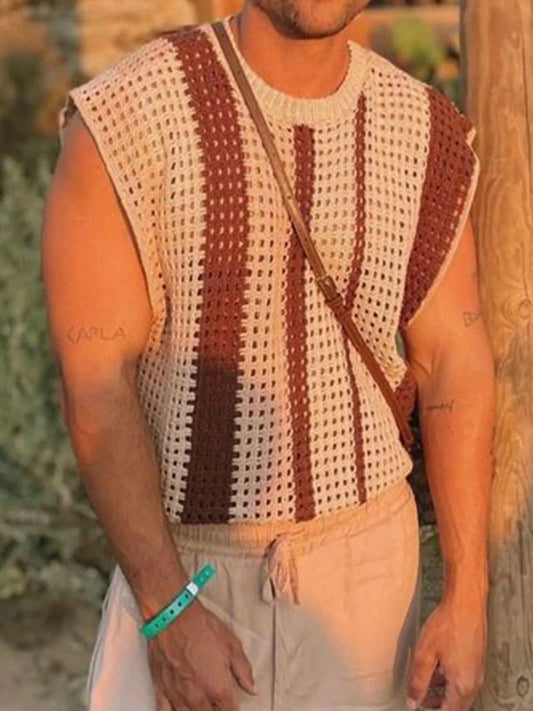Men's Striped Round Neck Sweater Vest Brown - Fashorio