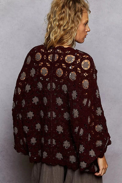 POL Openwork V-Neck Chenille Cardigan with Contrast Floral - Fashorio