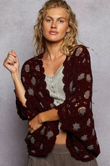 POL Openwork V-Neck Chenille Cardigan with Contrast Floral BURGUNDY GREY One Size - Fashorio