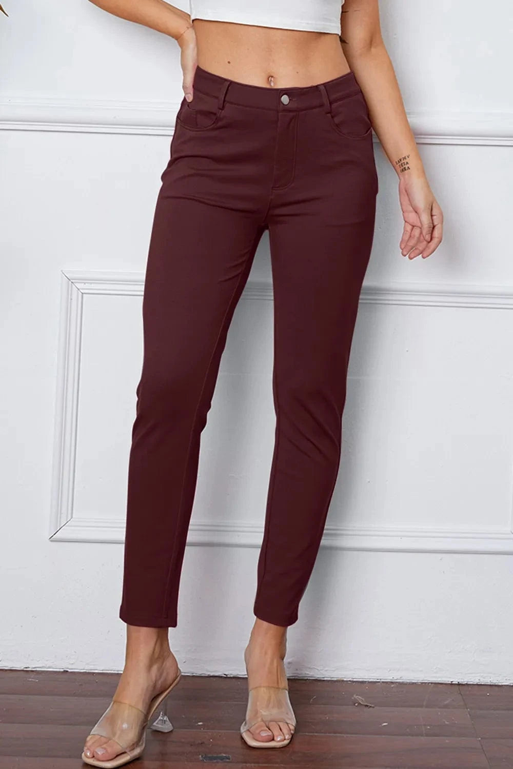 StretchyStitch Pants by Basic Bae Burgundy - Fashorio
