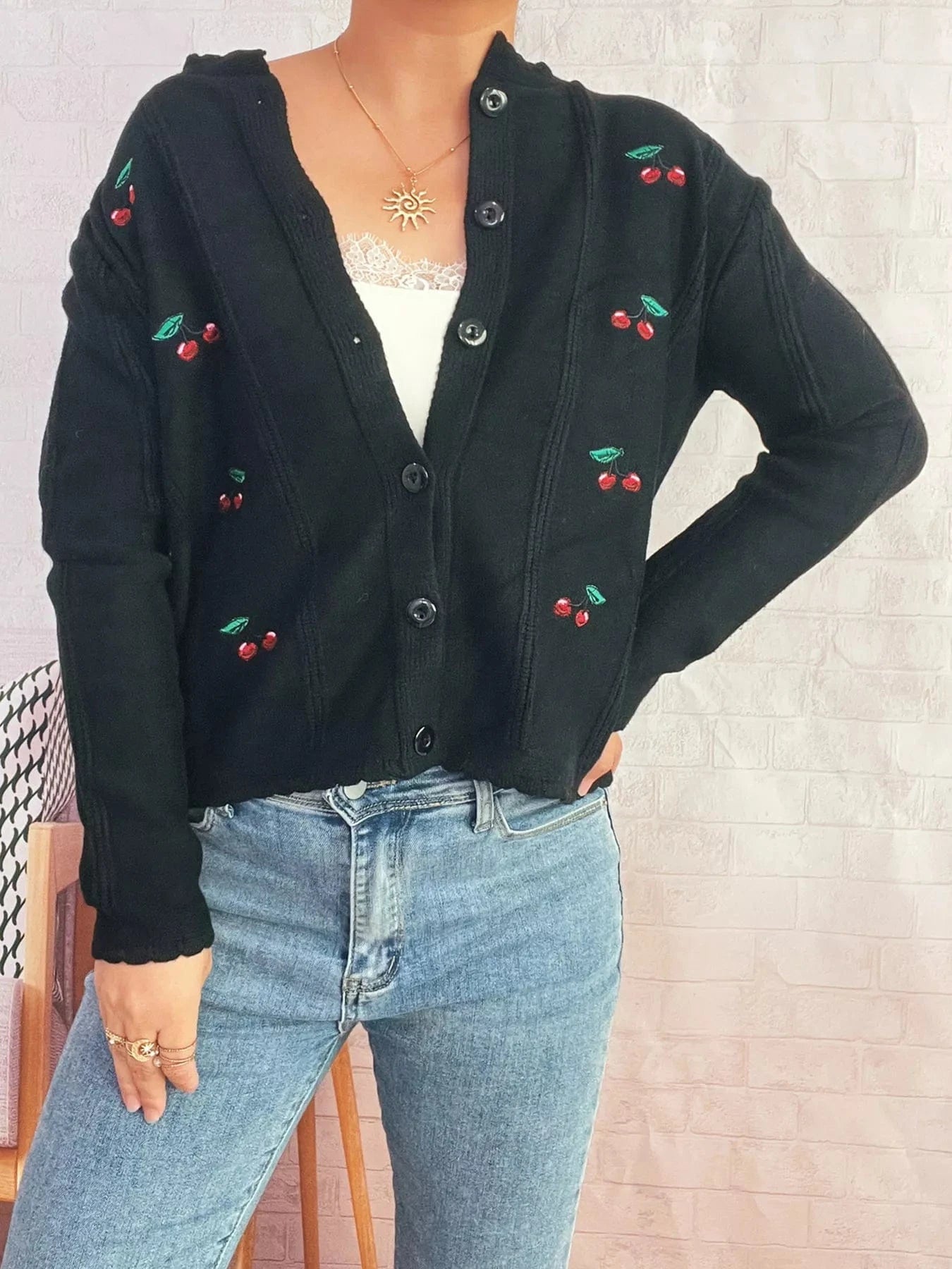 Cherry Embroidered Button Up Cardigan - Fashorio