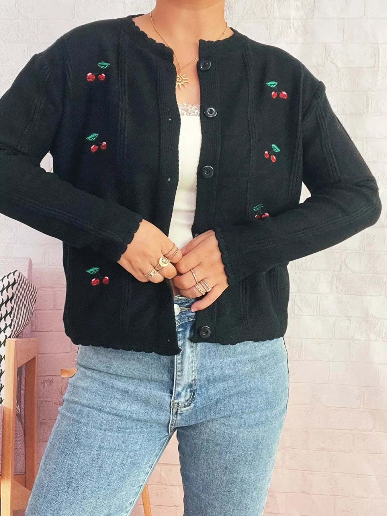 Cherry Embroidered Button Up Cardigan - Fashorio