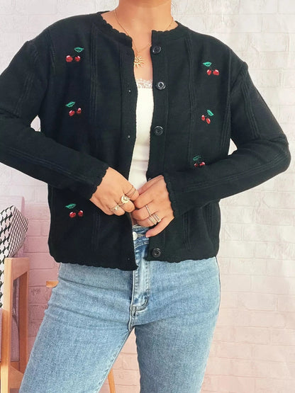 Cherry Embroidered Button Up Cardigan - Fashorio