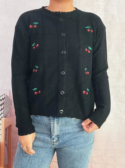 Cherry Embroidered Button Up Cardigan - Fashorio