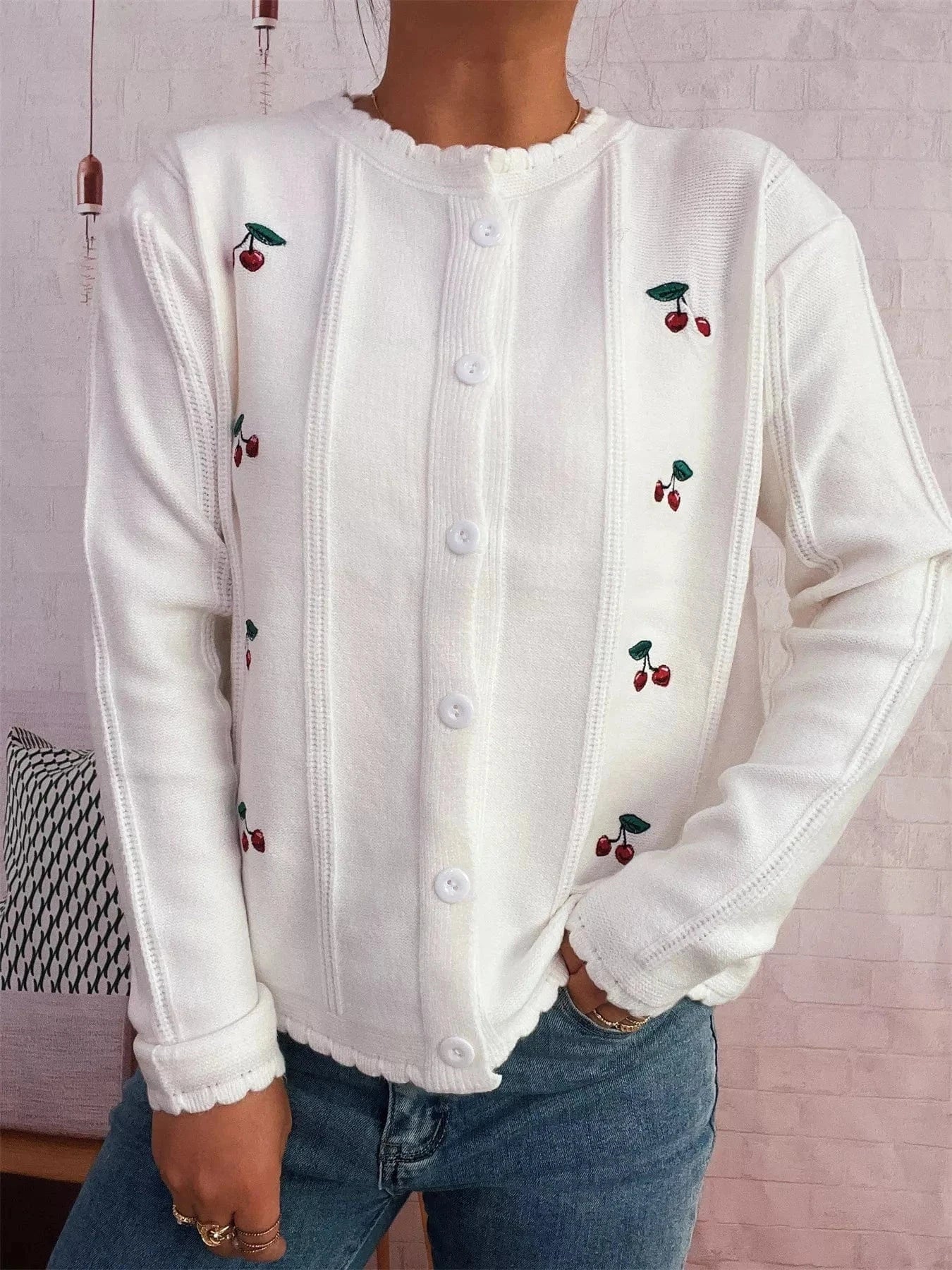 Fashorio Clothing & Accessories Cherry Embroidered Button Up Cardigan