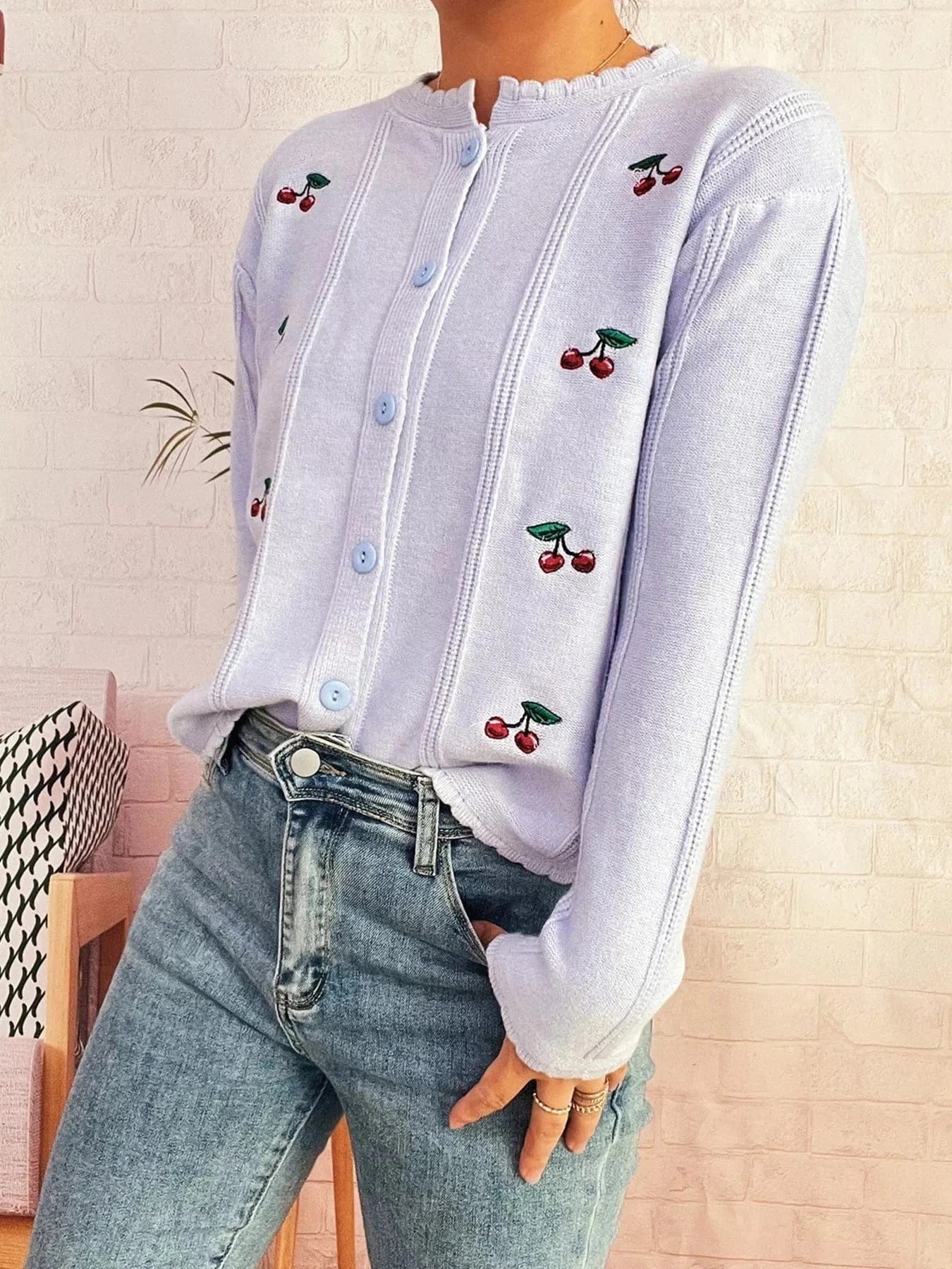 Fashorio Clothing & Accessories Cherry Embroidered Button Up Cardigan