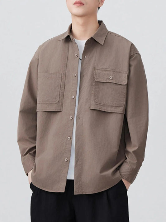 Men's Plus Size Button Up Long Sleeve Shirt Coffee Color - Fashorio