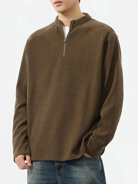 Men's Plus Size Quarter-Zip Long Sleeve T-Shirt Coffee - Fashorio