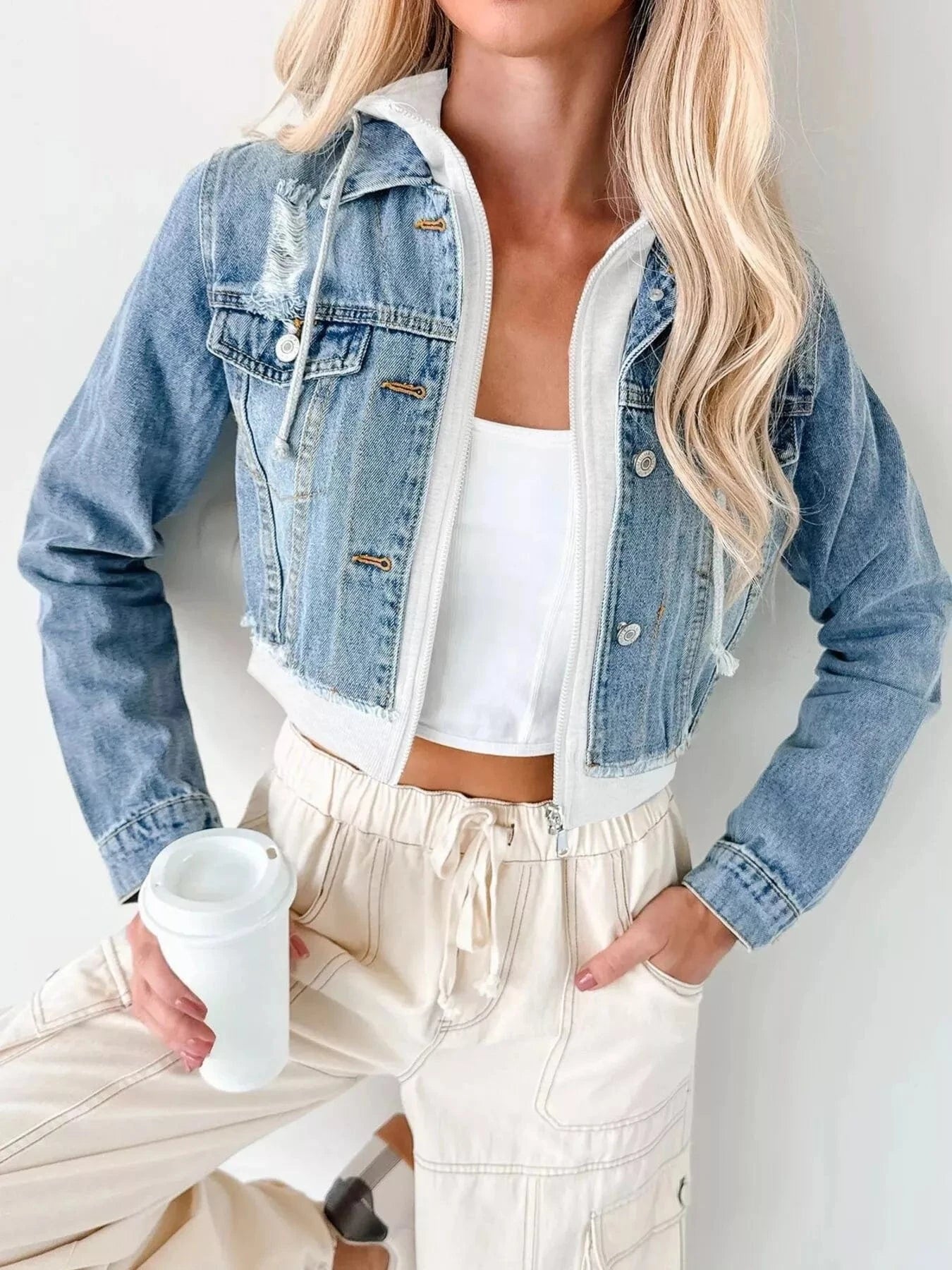 Distressed Zip Up Cropped Hooded Denim Jacket Dark Blue White - Fashorio