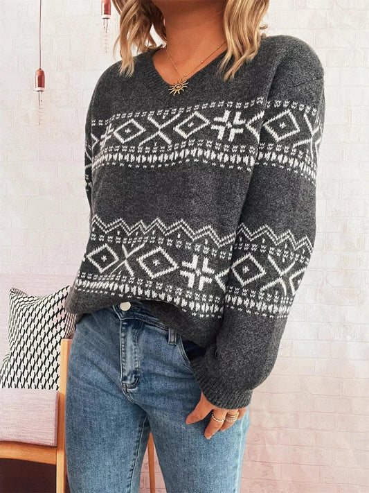 Geometric Dropped Shoulder Long Sleeve Sweater Dark Gray One Size - Fashorio