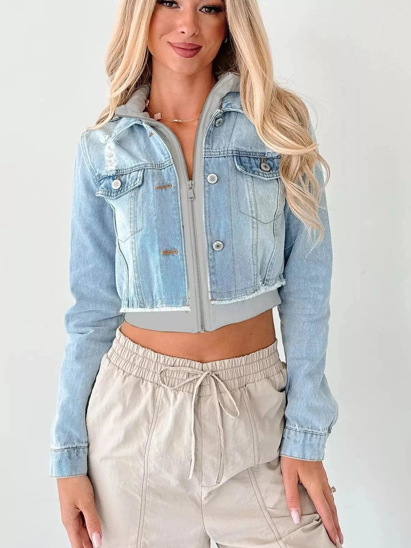 Distressed Zip Up Cropped Hooded Denim Jacket - Fashorio