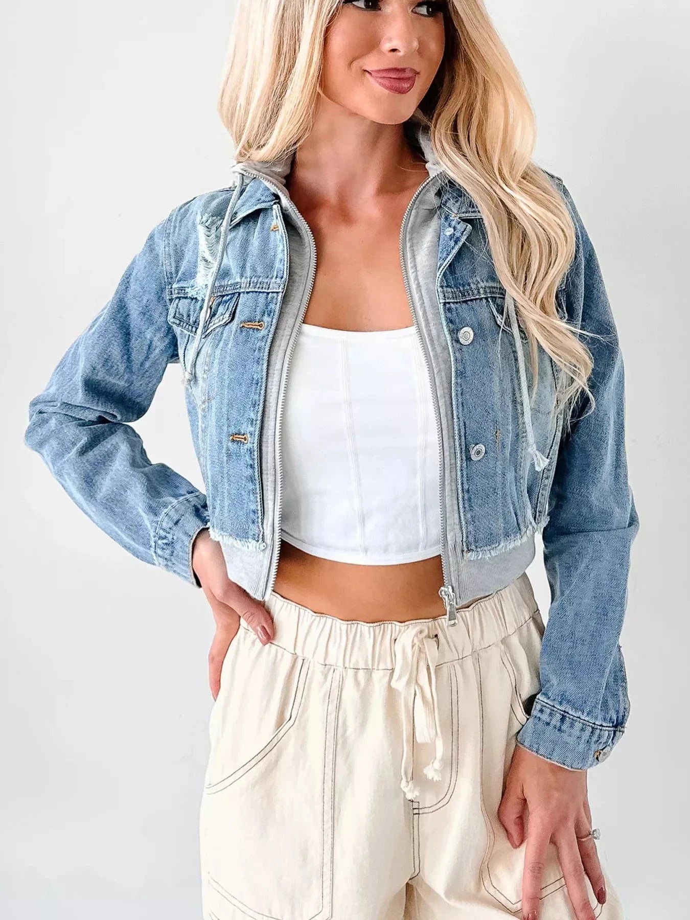 Distressed Zip Up Cropped Hooded Denim Jacket - Fashorio