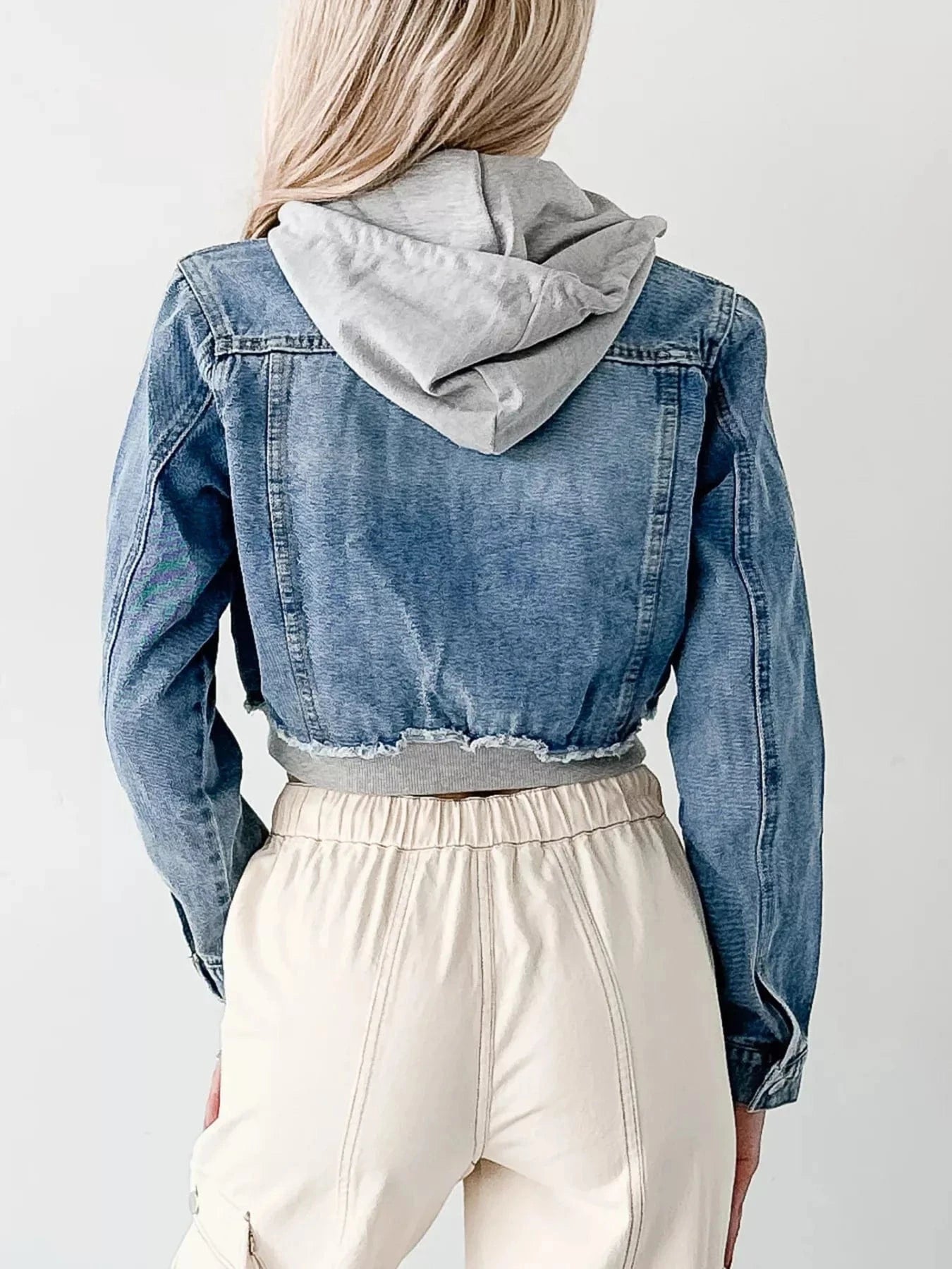 Distressed Zip Up Cropped Hooded Denim Jacket - Fashorio
