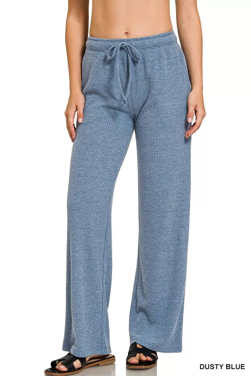 Zenana Ribbed Drawstring Lounge Pants DUSTY BLUE - Fashorio