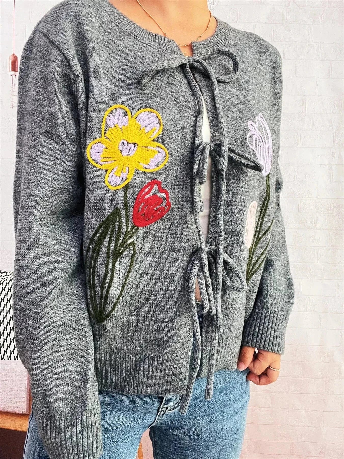 Fashorio Clothing & Accessories Floral Ribbed Hem Tie Front Cardigan